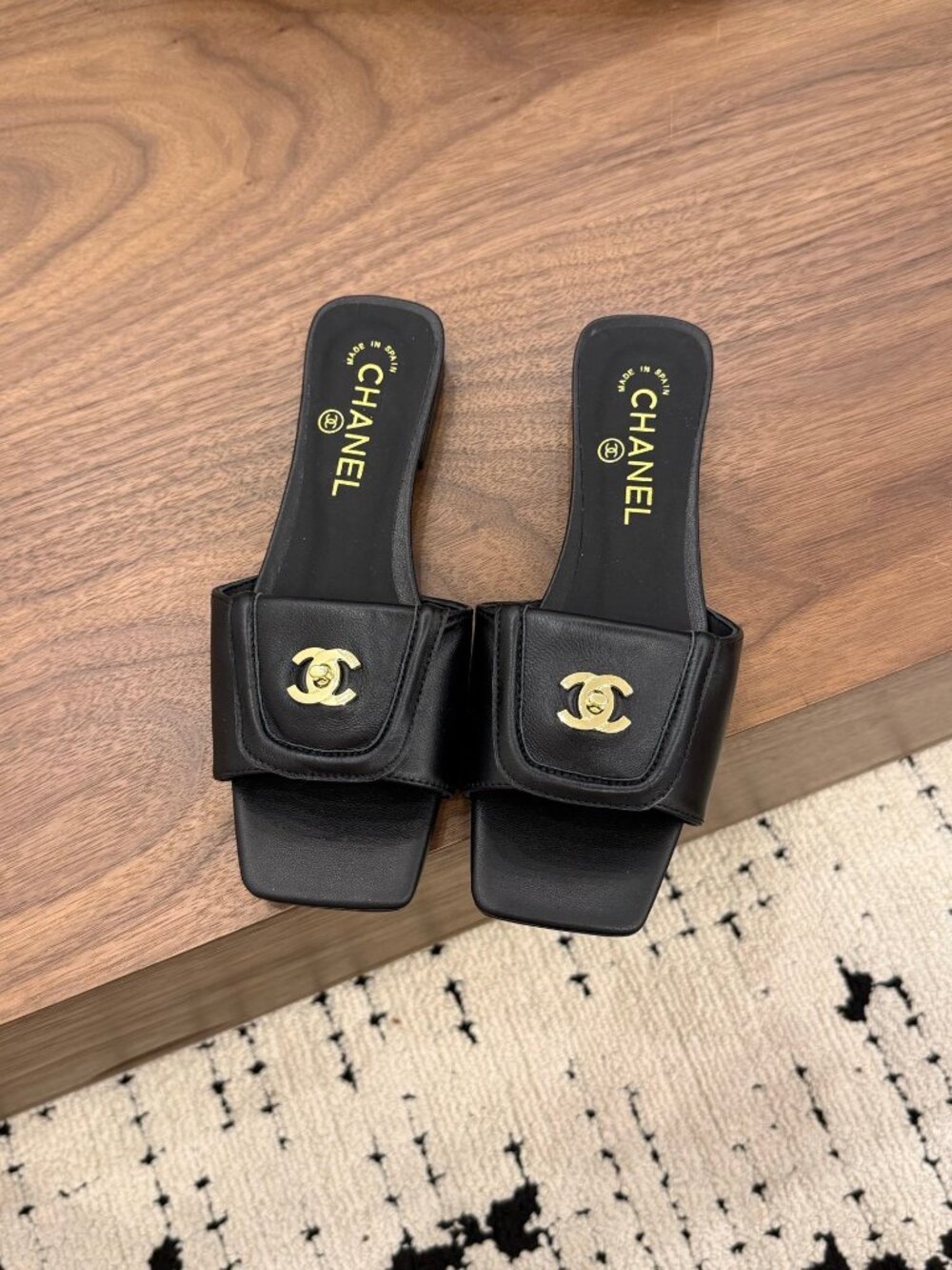 Chanel Black Designer Slides Square Toe CC Logo Lambskin Slip On Sandals